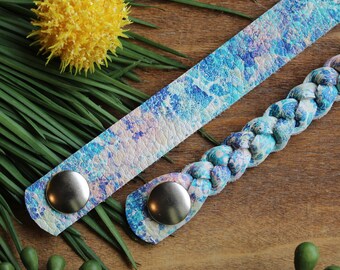 Fable Braided Leather Bracelet / Blue and Purple Tie Dye Print Leather Braid / Marbled Leather /