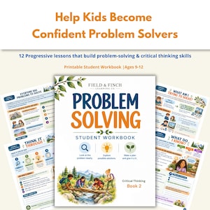 Puede incluir: Un cuaderno de ejercicios de resolución de problemas de Field & Finch Learning Co. para edades de 9 a 12 años, con 12 lecciones progresivas. La portada muestra el título, iconos de análisis y niños junto a un arroyo.