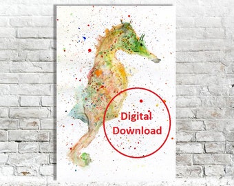 Seahorse Digital Download print watercolor Printable wall art Sea themed prints Ocean Coastal Nautical decor PDF Beach art nursery print