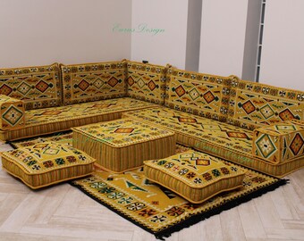 yellow color corner floor seating, L shaped sofa set ,floor couch,oriental floor seating, seating sofa, ethnic sofa, bohemian furniture,