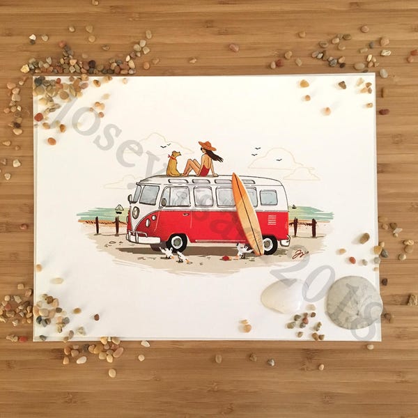 Girl on the Go: VW Bus -  Illustration Print