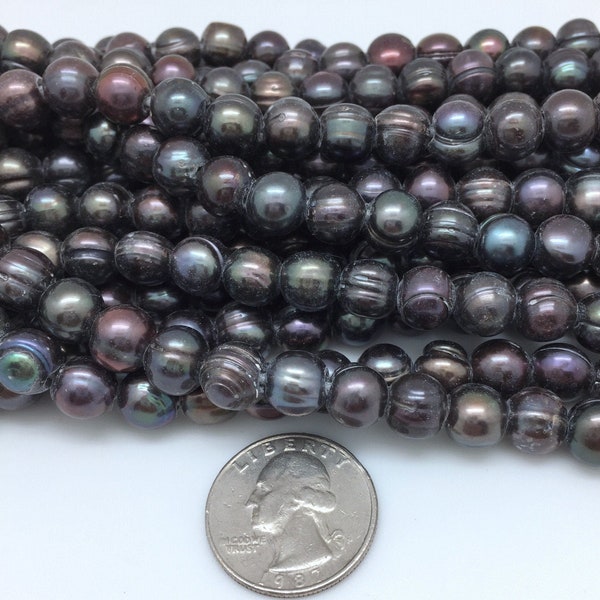 8 - 9 mm Round Potato Peacock Freshwater Pearls Strand - Large 2mm Hole