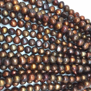 Perlas de agua dulce marrones pepita de bronce dorado de 9x11 mm con agujero grande. 8 &quot;