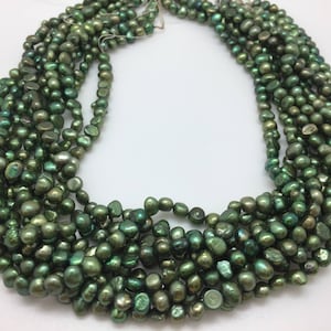 Mossy Green 6 - 7.5mm Freshwater nugget Pearls Strand 15&quot;