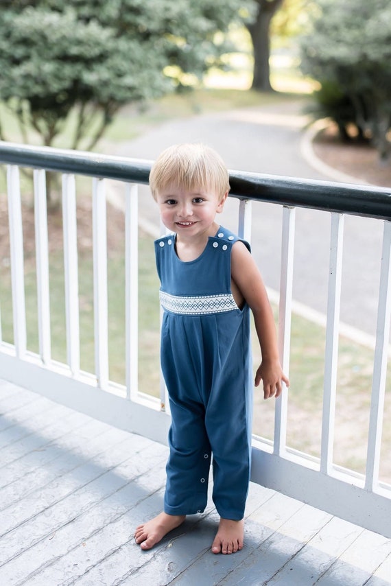 Bailey Boys Baby / Toddler Smocked Back to School Longall - Blue with Smocked Crayons & Apples main image 0