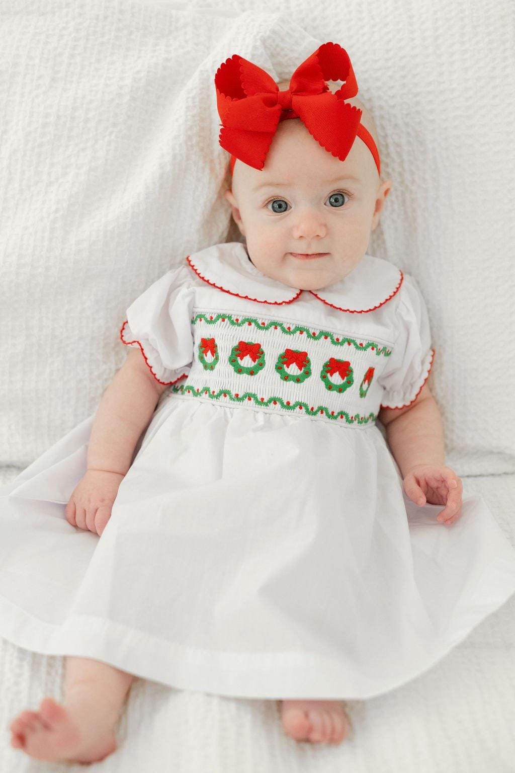 white christmas dresses Smocked Snowman Red Christmas Girls Dress Bishop Style main image 1