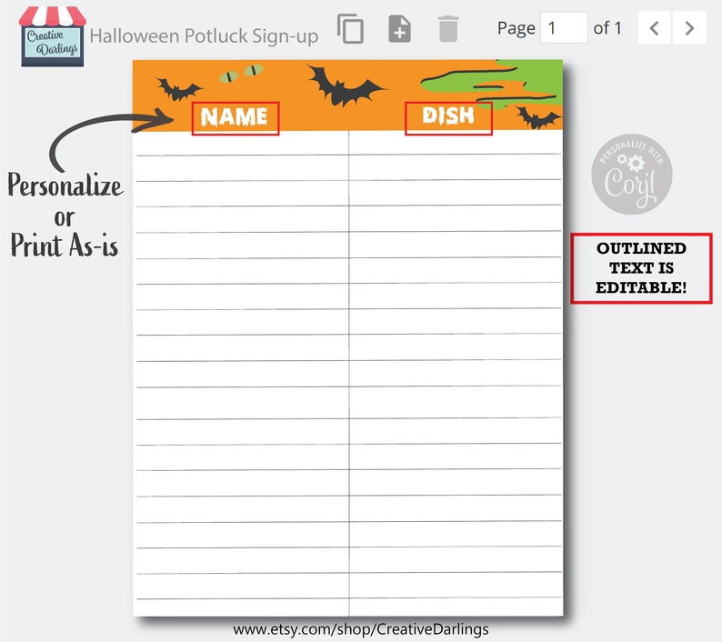 Halloween Potluck Signup Sheet Editable Digital Template Etsy