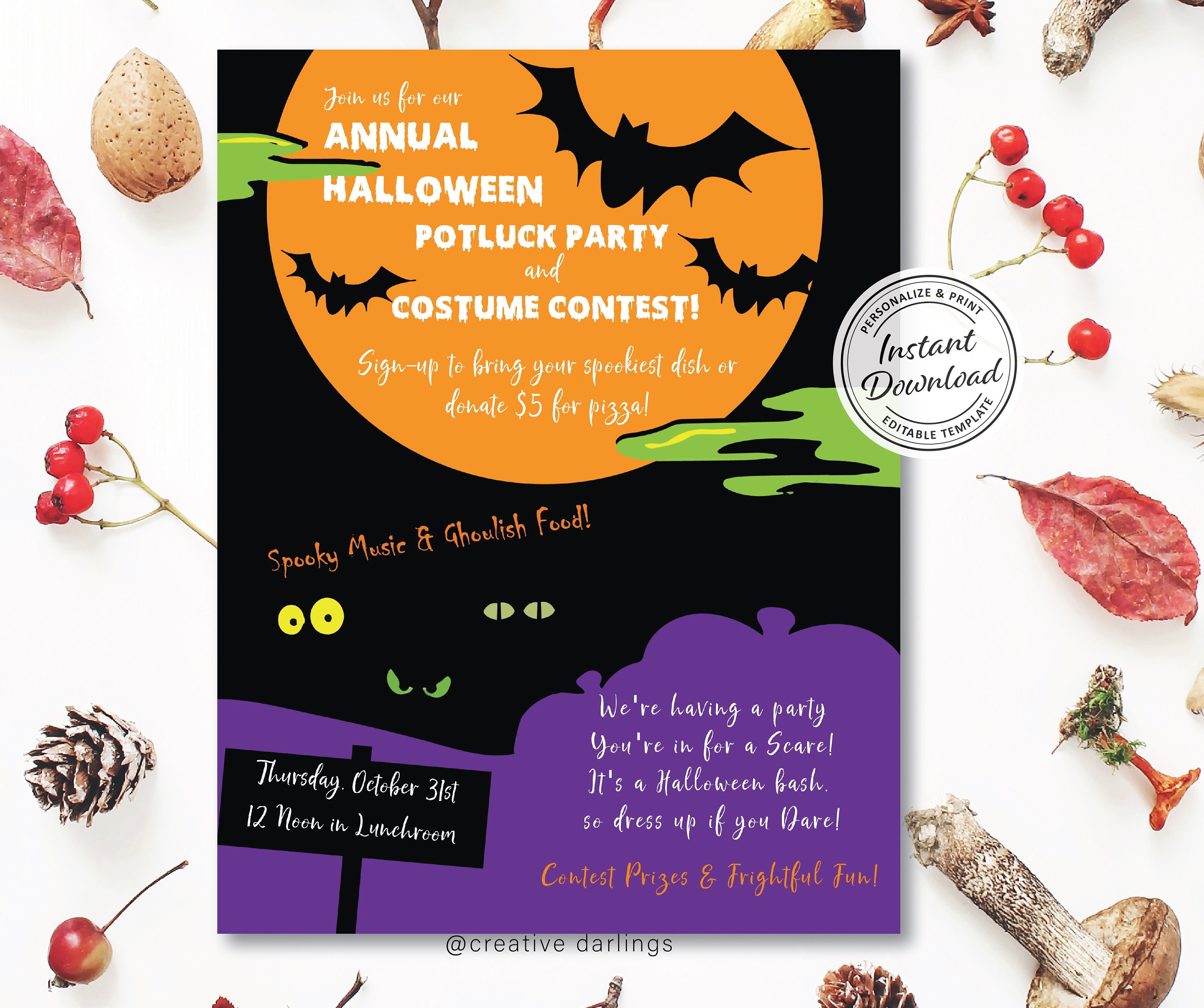 Halloween Potluck Flyer  Editable Digital Template  Personalize and Print   Carving & Costume Contest Corporate Idea  Company or Family With Potluck Flyer Template