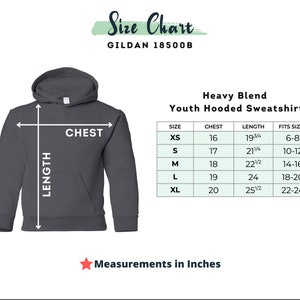 May include: A dark gray youth hooded sweatshirt with a size chart. The chart shows chest and length measurements in inches for sizes XS to XL. The text "Measurements in Inches" is at the bottom.