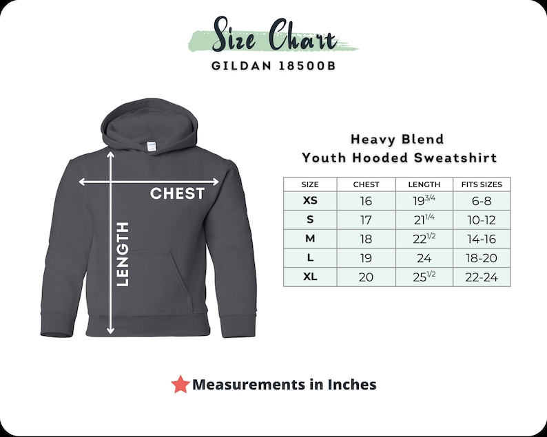 May include: A dark gray youth hooded sweatshirt with a size chart. The chart shows chest and length measurements in inches for sizes XS to XL. The text "Measurements in Inches" is at the bottom.