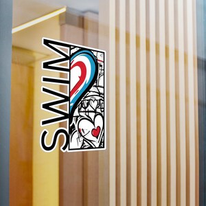 May include: A sticker with a colorful abstract design and the word "SWIM" in white letters. The design features a blue and red heart shape with a white outline.