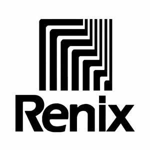 Könnte beinhalten: Schwarz-weißes Logo mit dem Wort "Renix" in fetter, serifenloser Schrift. Darüber ein geometrisches Design aus schwarzen, gebogenen Linien und vertikalen Balken, das ein modernes und abstraktes Bild erzeugt.