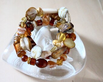 Stackable Beaded Bracelets - Brown and Gold Stretchy Bracelet Set Lampwork Stone Shell