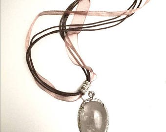 Silver and Quartz Pendant Necklace, Crystal Jewelry, Oval Pendant, Ribbon, Statement Jewelry, Healing Jewelry