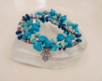 Beaded Turquoise Stackable Bracelets Blue Beads Hasma Hand Buddha Head Recovery Gifts Protection Healing Spirituality