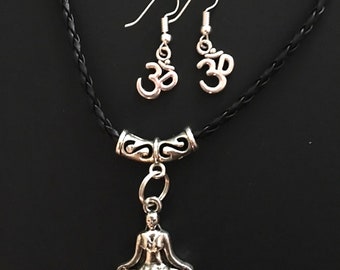 Om Yogini Meditation Pendant Necklace with Ohm Symbol Silver Earrings  Jewellery Set