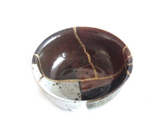Red and Gray Kintsugi Inspired Bowl Gold Repaired Second Hand Pottery