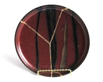 Red and Black Kintsugi Inspired Plate Gold Repaired Second Hand Pottery