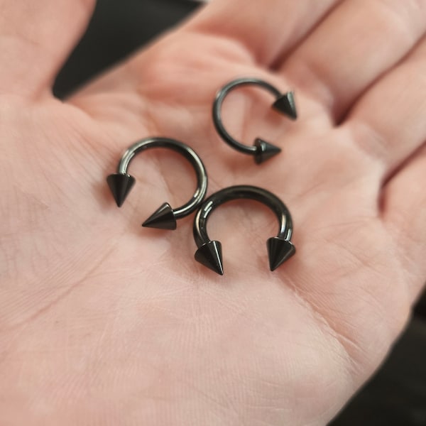 Barre d'haltères circulaire en fer à cheval à pointes noires pour boucle d'oreille/septum/cartilage/arceau de tragus Acier inoxydable 316L de qualité implantaire