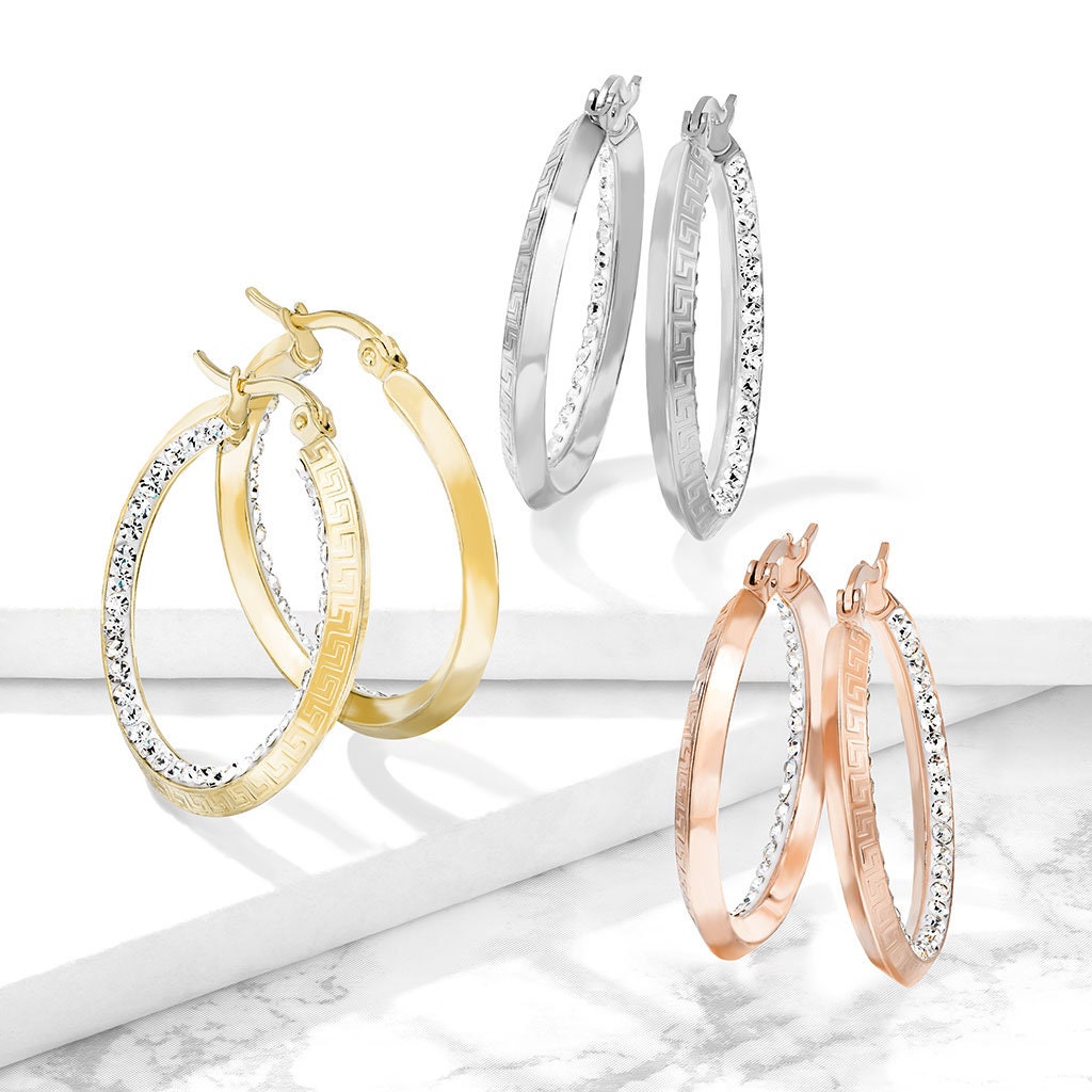 CZ Greek Key Hoop Earring 20G 316L Stainless Steel