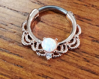 Rose Gold Opal Filigree Clicker 16G Septum/Cartilage/Tragus/Daith Body Implant Grade Stainless Steel