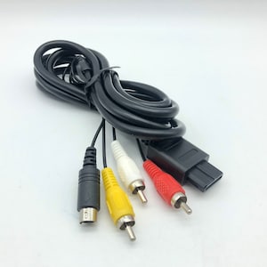 May include: A black AV cable with three RCA connectors: yellow, white, and red. The cable is coiled and the connectors are facing the camera.
