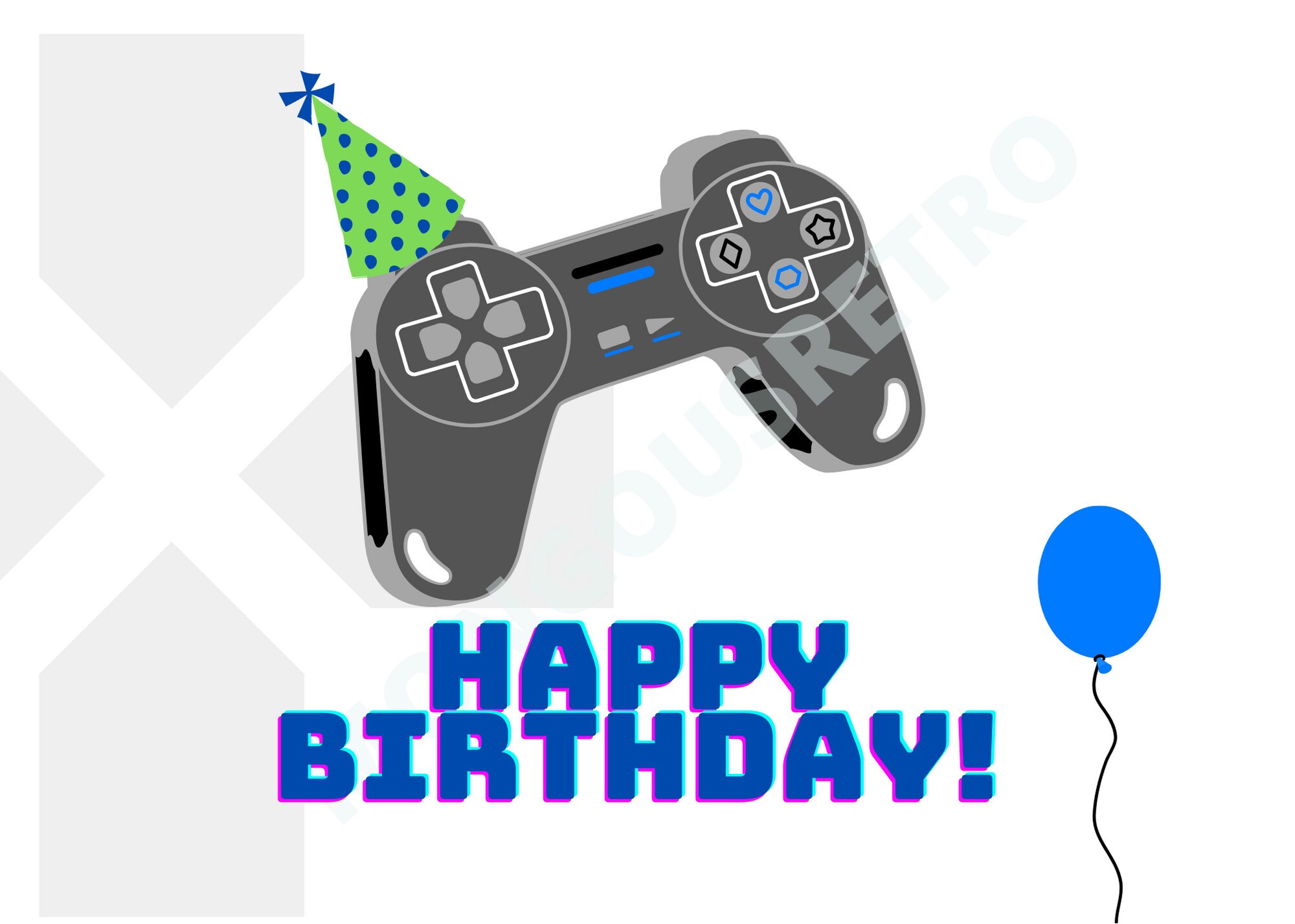 Psone Playstation 1 2 themed Birthday Card , Classic Controller with Party Hat, Digital Download, Gift, BDay, Gamer, Boy or Girl