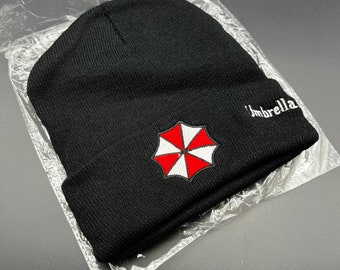 The Umbrella Corporation Beanie Hat, Cosplay, Winter Hat, Black with Red  and White trim