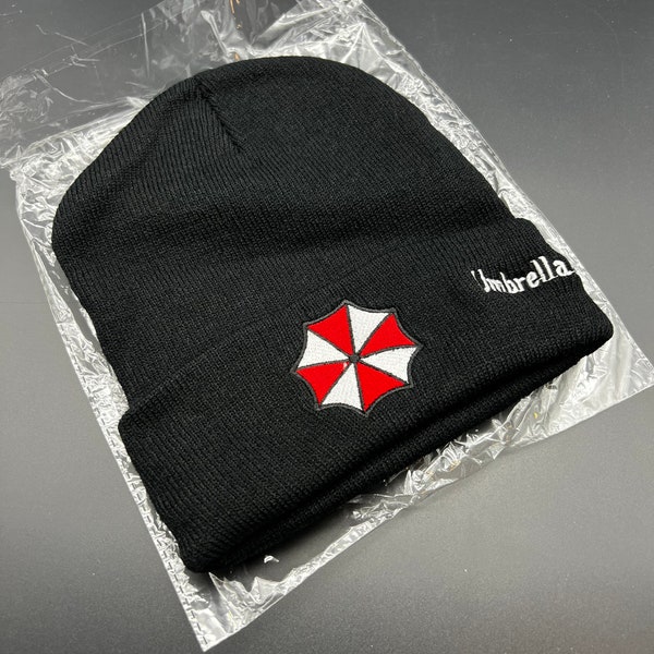 The Umbrella Corporation Beanie Hat, Cosplay, Winter Hat, Black with Red and White trim