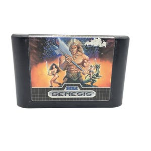 May include: A Sega Genesis video game cartridge with a black plastic case. The front of the cartridge features a colorful image of a warrior holding a large axe, with other characters in the background. The text "SEGA GENESIS" is printed on the cartridge.