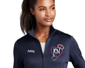 Womens Heart Stethocope with Nurse Cap Hat on SportWick Fleece Jacket-RN LPN zipup several colors CutieP Hot Pink LST241