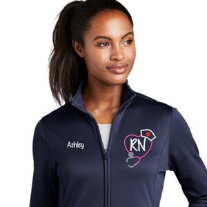 Womens Heart Stethocope with Nurse Cap Hat on SportWick Fleece Jacket-RN LPN zipup several colors CutieP Hot Pink LST241
