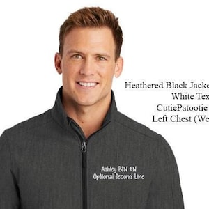 May include: A heather gray soft-shell jacket with a zipper closure. The jacket has a white embroidered name "Ashley BIN KN" and the text "Optional Second Line" on the left chest.