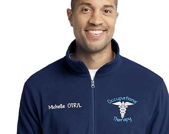MENS/Unisex-Caduceus Occupational Therapy Medical Fleece OTD Ota OT Slp Rn- Fleece Jacket w Name light or heavy weight-F217F223 Pieces Turq