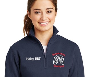 Women's Respiratory Therapist Lung Icon Quarter Zip Sweatshirt-RRT RT- zip up sweatshirt with several color options-LST253 Typewriter