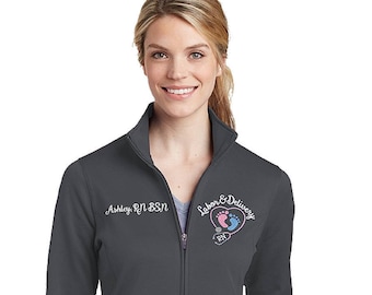 Labor & Delivery Nurse on SportWick fleece lined Jacket with Footprint Stethoscope-RN LPN zipup w several color options-LST241-Smoothie