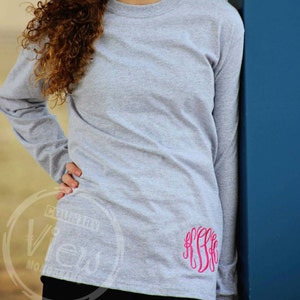 Monogrammed Long Sleeve Shirt with monogram at the bottom hemUnisex fit Small-5x tee shirtWomens Embroidered Monogram personalized image 1