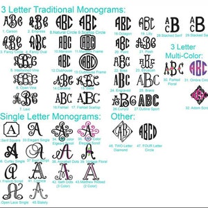 May include: A chart showing different styles of 3-letter and single-letter monograms. The monograms are in black and white and are arranged in rows and columns. The chart also includes a section for multi-color monograms.