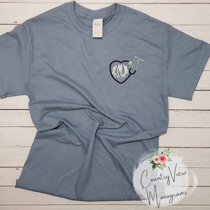 Stethoscope Monogram Nurse Short Sleeve ShirtUnisex fit Small-5x tee shirtWomens Embroidered Monogram personalized-StoneB Fancy image 1