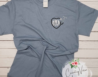 Stethoscope Monogram Nurse Short Sleeve Shirt--Unisex fit Small-5x tee shirt--Womens Embroidered Monogram personalized-StoneB Fancy