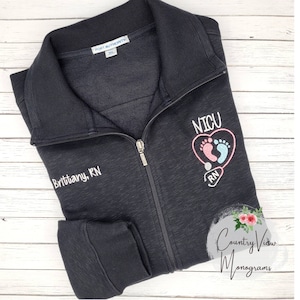 NICU Nurse Slub Heathered Sweatshirt Jacket with Footprint Stethoscope-RN LPN zipup w several color options-L293 CutieP