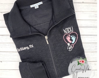 NICU Nurse Slub Heathered Sweatshirt Jacket with Footprint Stethoscope-RN LPN zipup w several color options-L293 CutieP