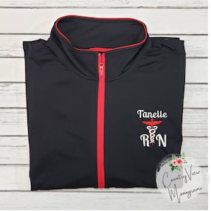 Women&#39;s Two toned Caduceus with Name Credentials Stretch Contrast SportWick Jacket-RN LPN zipup jacket with several colors-LST853 Summer