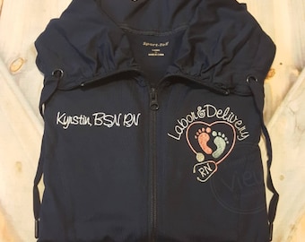 Labor and Delivery Nurse Stretch SportWick Jacket with FootPrints Stethoscope-RN LPN zipup light weight jacket with several colors-LST852