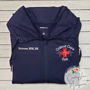 Critical Care Unit Nurse Stretch SportWick Jacket with Red Cross and ekg tracing-RN LPN zipup light weight jacket with several colors-LST852