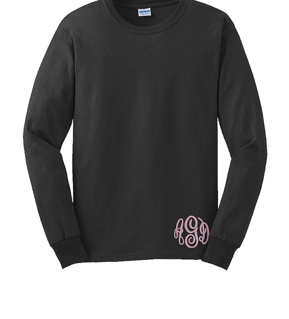 Monogrammed Long Sleeve Shirt with monogram at the bottom hem--Unisex fit Small-5x tee shirt--Womens Embroidered Monogram personalized