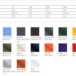 May include: Size chart for t-shirts with measurements in inches for chest, sleeve length, and body length at back. Color chart with 24 different color swatches and PMS color codes.