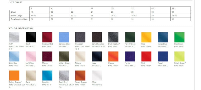 May include: Size chart for t-shirts with measurements in inches for chest, sleeve length, and body length at back. Color chart with 24 different color swatches and PMS color codes.
