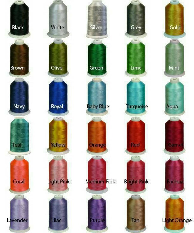 May include: A chart of 25 spools of embroidery floss in various colors, including black, white, silver, grey, gold, brown, olive, green, lime, mint, navy, royal, baby blue, turquoise, aqua, teal, yellow, orange, red, garnet, coral, light pink, medium pink, bright pink, fuchsia, lavender, lilac, purple, tan, and light orange.