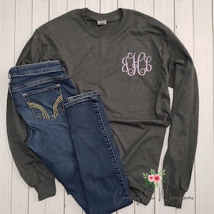 Monogrammed Long Sleeve Shirt with Left Chest Monogram--Unisex fit Small-5x tee shirt--Womens Embroidered Monogram personalized PC55LS